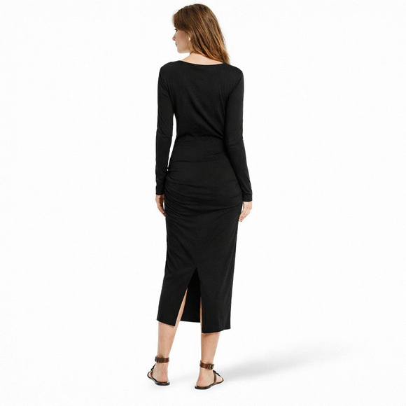 James Perse Black Skinny Sheath Ruched Midi Dress Sz S - Picture 2 of 7